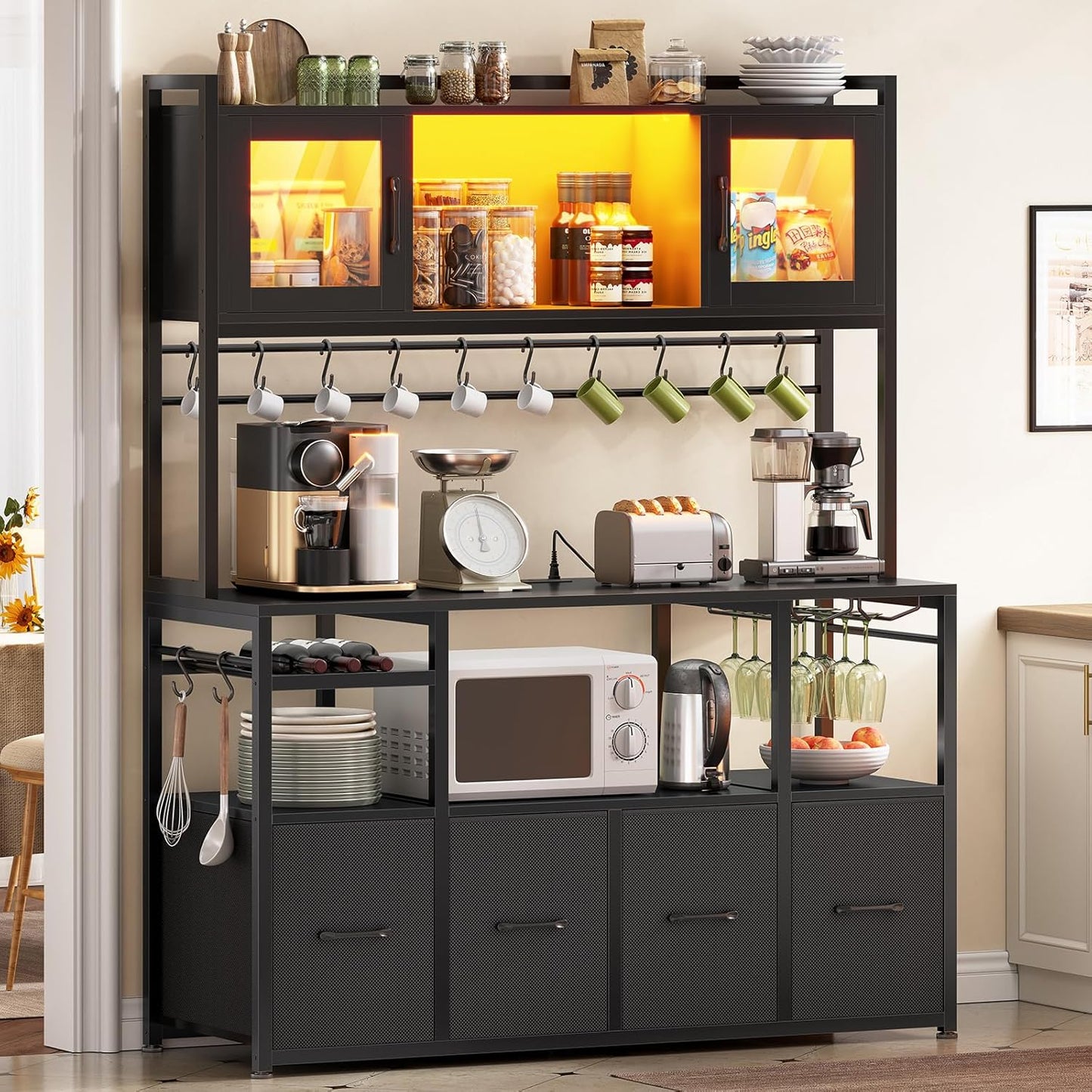 Itaar Bakers Rack with Power Outlet and LED Light, 47.2'' Microwave Stand with Storage, Kitchen Coffee Bar Cabinet with Glass Door, 4 Drawer, Wine Rack, Goblet Holder and 12 Hooks, Black