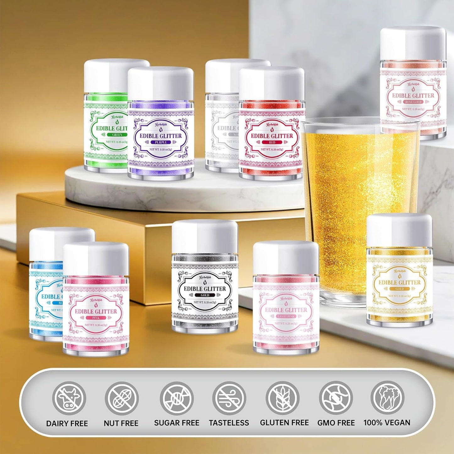 Edible Glitter for Cocktails - 14 Colors Luster Dust Edible Drink Glitter Food Grade Metallic Shimmer Powder Cake Sprinkles for Beverage Chocolate Candy, 5g/Bottle