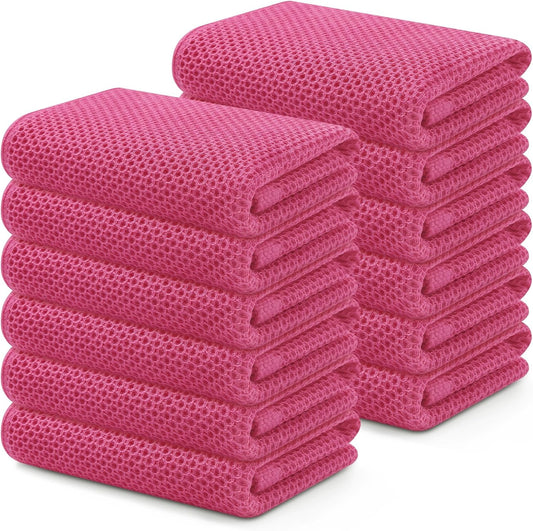 Kitinjoy 100% Cotton Waffle Weave Kitchen Towels, 12-Pack Super Soft and Absorbent Dish Towels for Drying Dishes, Kitchen Hand Towels, 13 in x 28 in, Hot Pink