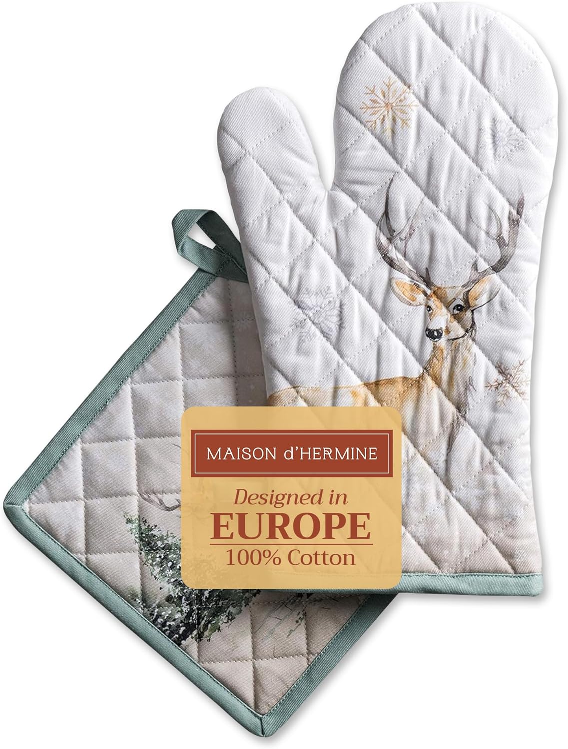 Maison d' Hermine 100% Cotton Oven Mitt & Pot Holder Set (7.5"x13" & 8"x8") Heat Resistant BBQ Cooking Gloves with Loop, Baking, Grilling, Kitchen, Handling Hot Pans (Deer in The Woods)