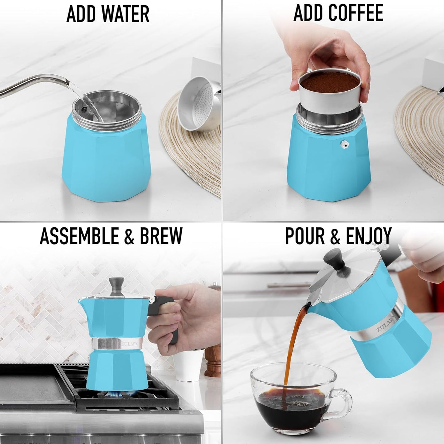 Zulay Premium Moka Pot Espresso - Leak-Proof Stovetop Espresso Maker - Perfect for Authentic Cuban & Italian Style Espresso - Makes 6 Espresso Cups - Light Blue