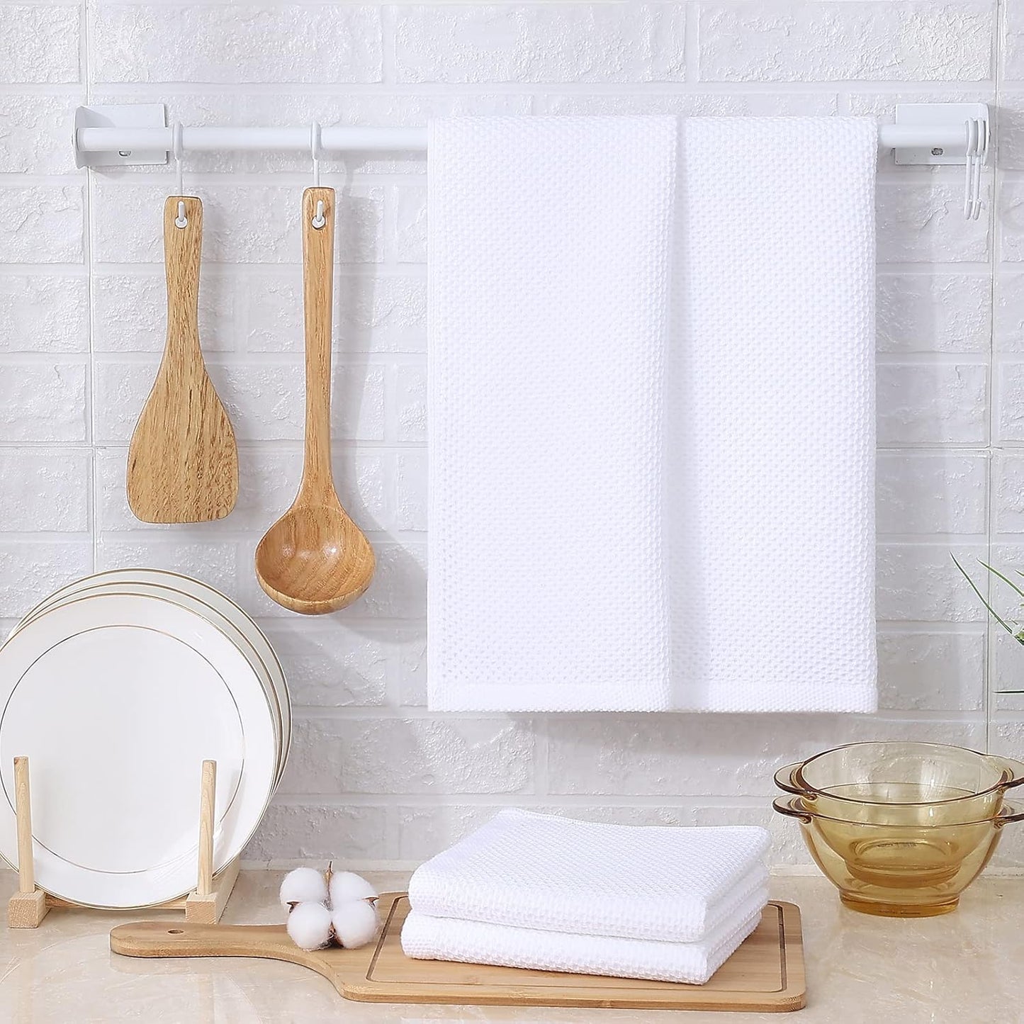 Kitinjoy 100% Cotton Waffle Weave Kitchen Towels, 8-Pack Super Soft and Absorbent Dish Towels for Drying Dishes, Kitchen Hand Towels, 13 in x 28 in, White