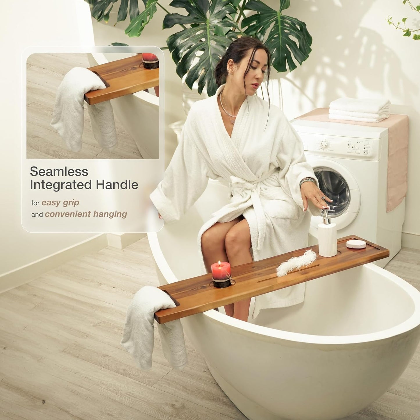 Tinamo Acacia Bathtub Caddy Tray Table | 39 x 9.75 x 2.5 Inch Large Bath Tub Tray Wooden | Anti-Tipping, Sustainable Tub Tray for Bathtub | Bathtub Accessories Holders for Bathtub (Acacia, 39x9.75)