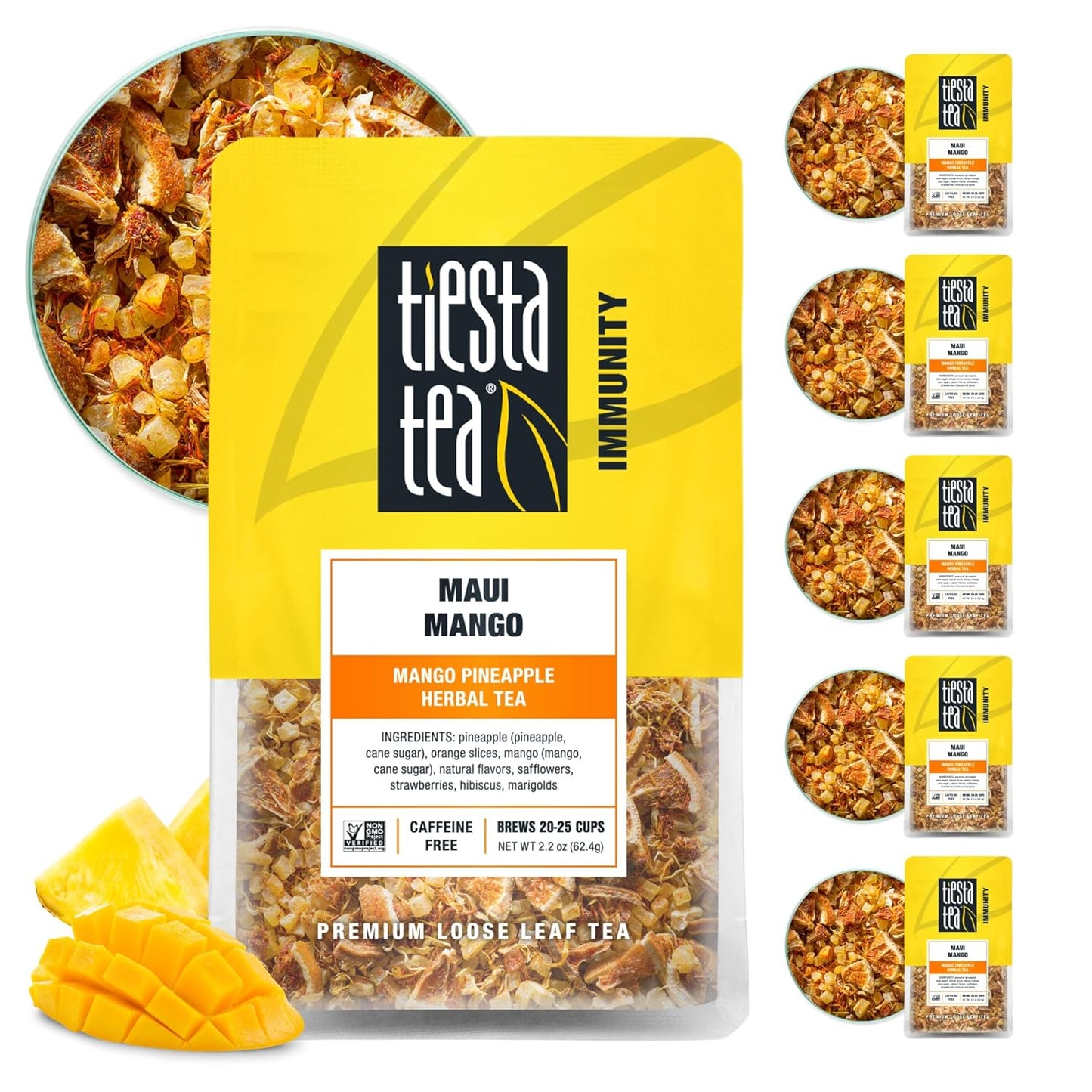 Tiesta Tea - Maui Mango | Loose Leaf | Mango Pineapple Herbal Tea | Premium Non-Caffeinated Fruit Blend | Make Hot or Iced & Brews Up to 25 Cups | 13.2 Ounce Resealable Pouch, Pack of 6