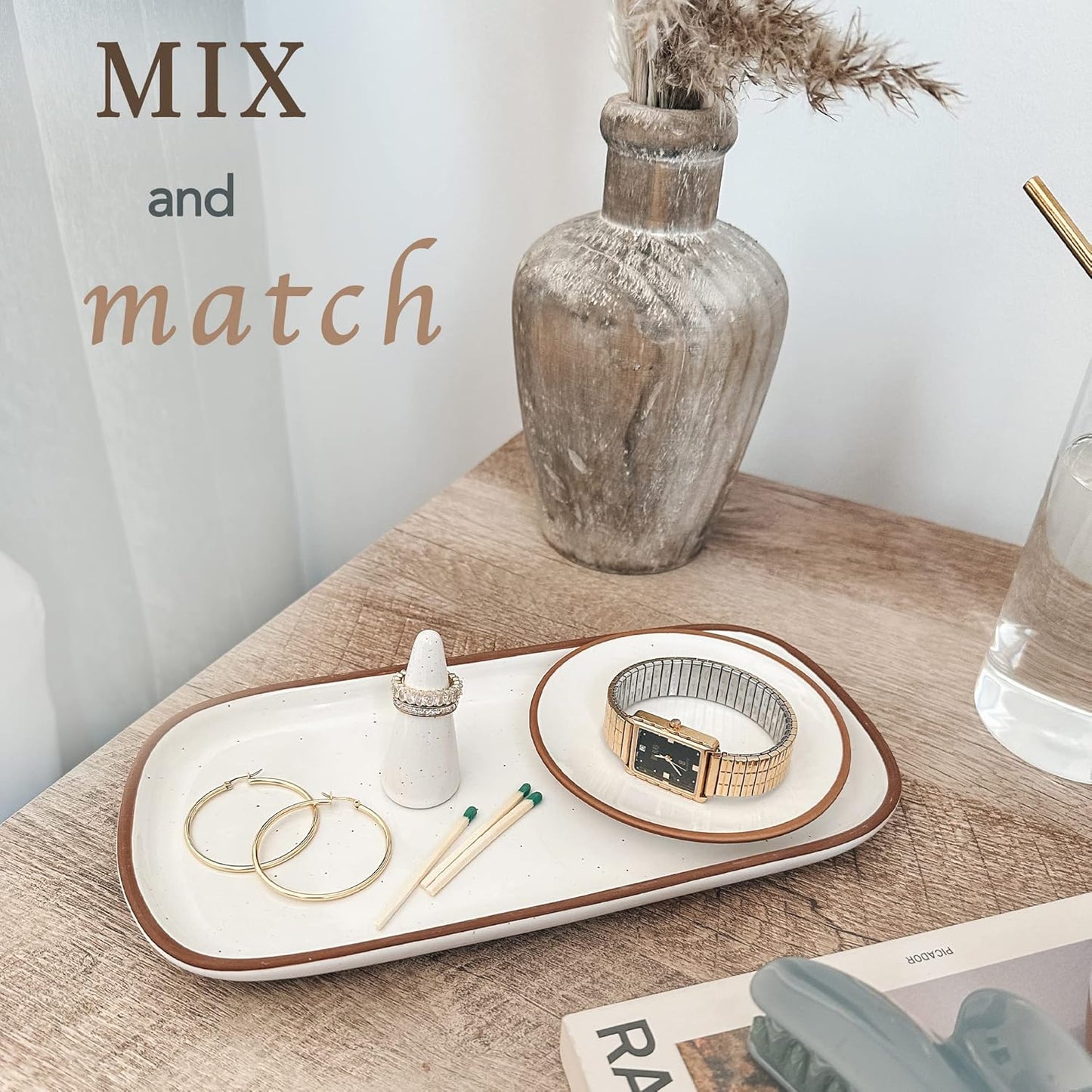 Mora Ceramic Decorative Tray - Rectangle 10in Dish for Jewelry, Soap Dispenser, Perfume, Makeup, Accessories, Candle, in The Bathroom Vanity, Bedside, or Kitchen Counter. Cute Organizers - White