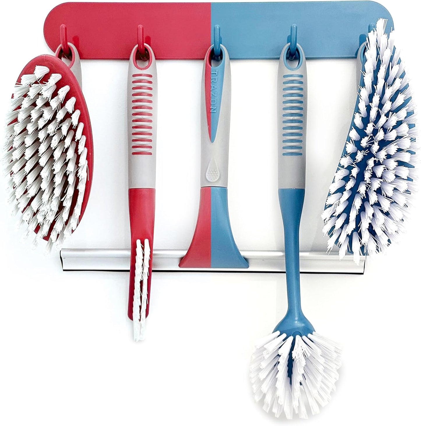 Scrub Brush Set of 6 pcs - Red or Blue Randomly Color, Cleaning Shower Scrubbers with Squeegee for Shower Glass & Adhesive Wall Hooks Including Grout Cleaner Brush for Cleaning Bathroom, Tile