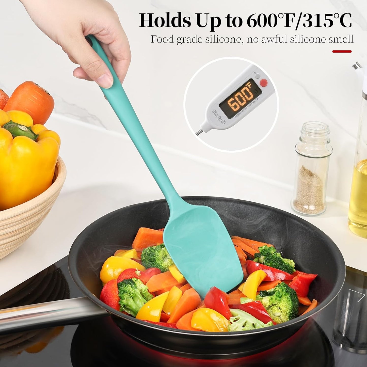 600ºF Heat Resistant Spatula, 11.34 inch High Heat Food Safe Semless Kitchen Silicone Spoon Spoonula Scraper for Cooking Baking Mixing Scraping Stirring Nonstick Cookware Pan Bowl (Aqua Sky)