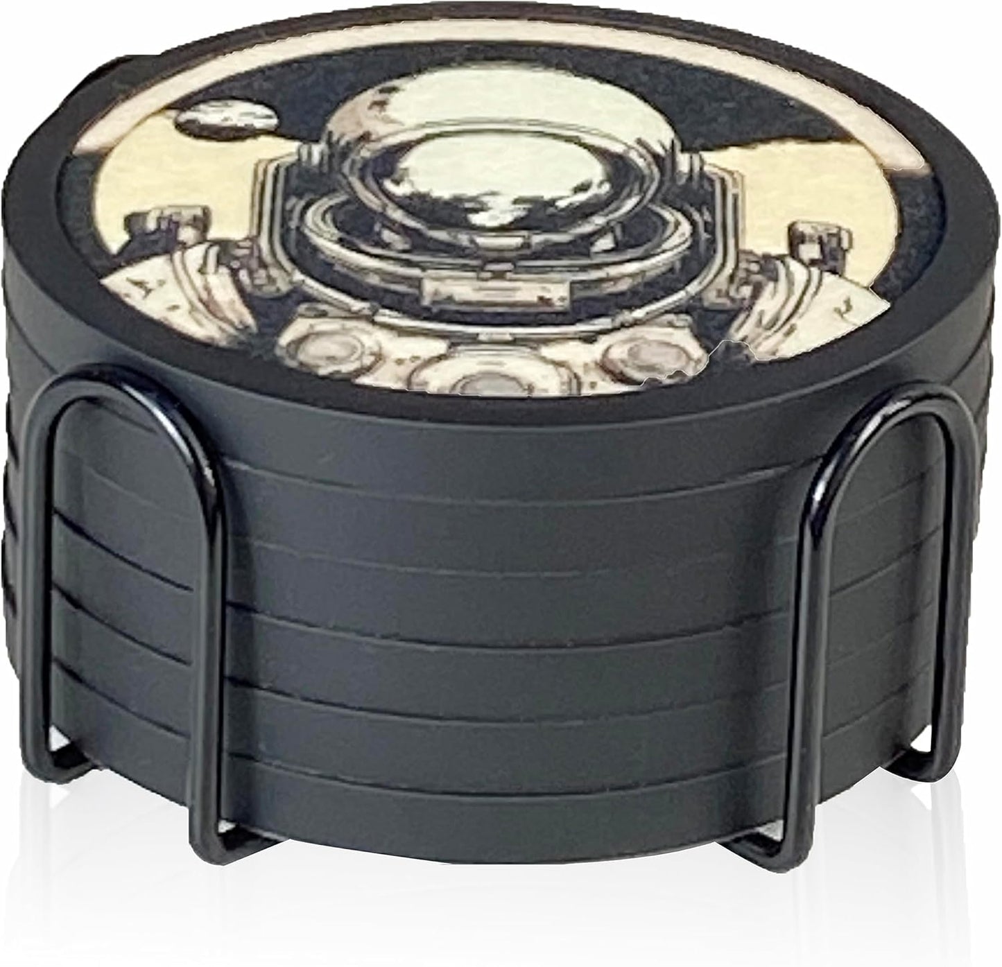 Absorbent Coasters for Drinks with Holder - 6packs, Silicone Coaster with Soft Felt Insert (4.3 inch Coasters with 4.5 inch Holder, Dual-Sided Space -Themed Patterns)