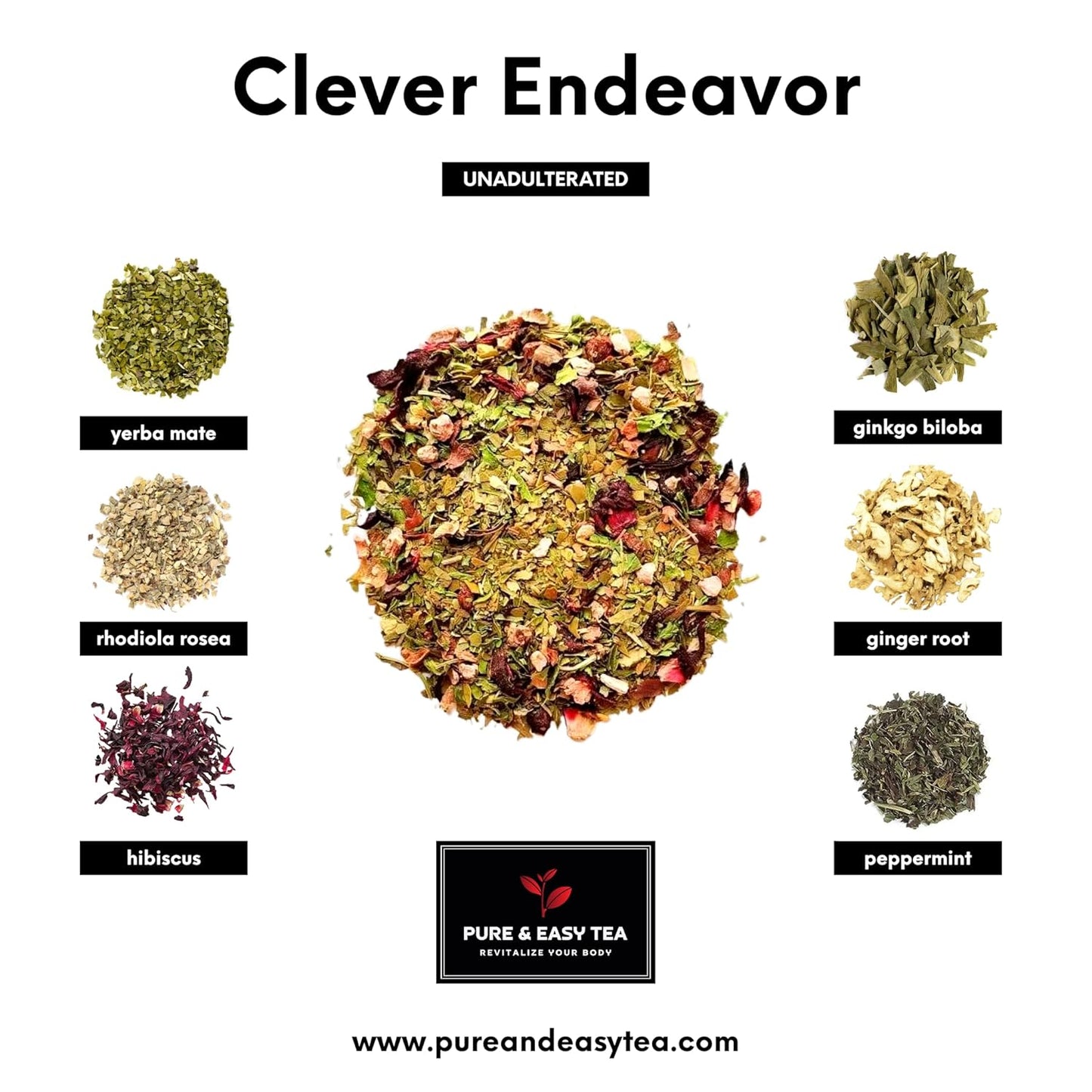 Pure And Easy Tea, Clever Endeavor, Natural Focus & Mental Clarity Tea, Caffeinated Loose Leaf Blend with Ginkgo Biloba & Yerba Mate, 30-Day Supply, 100g
