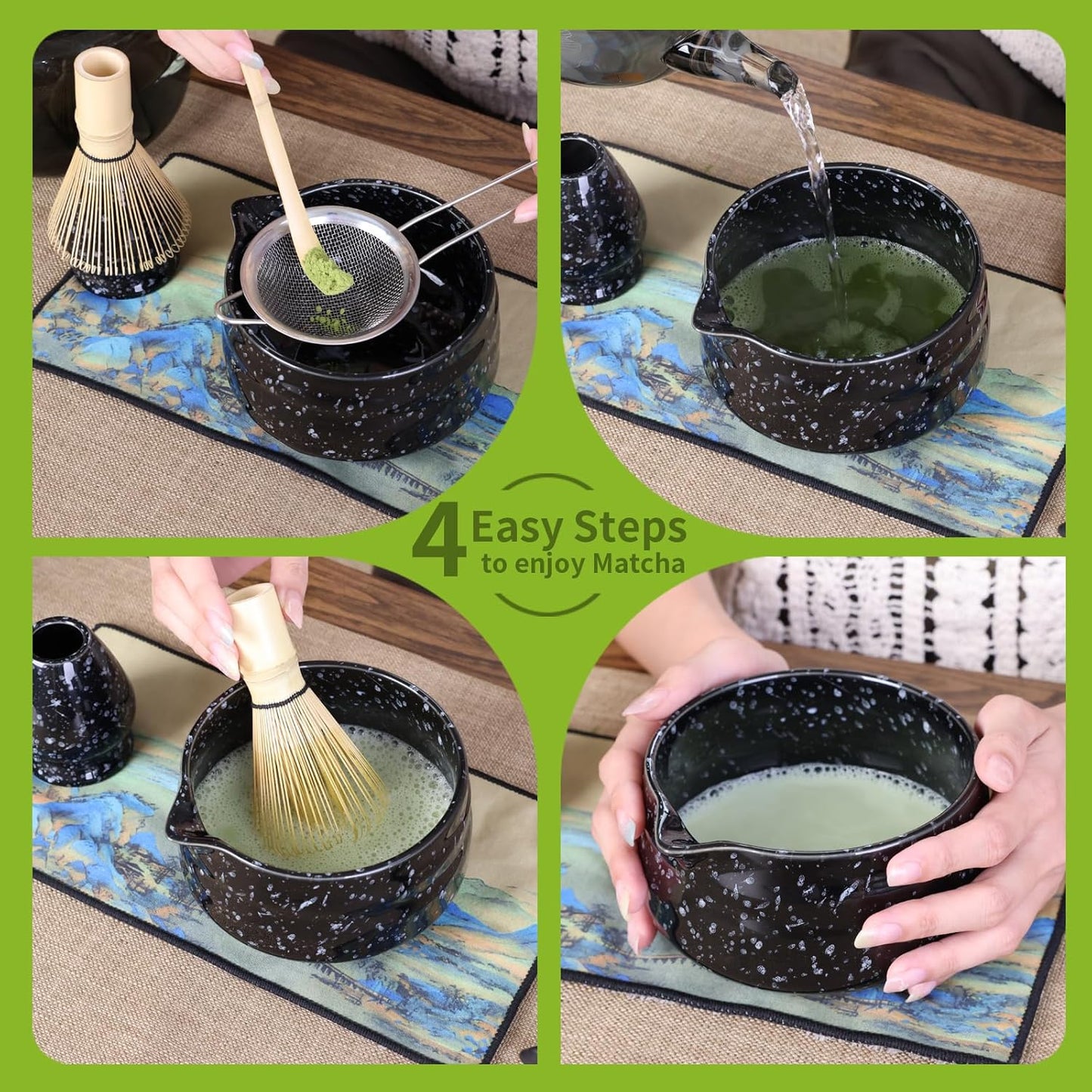 Japanese Ceramic Matcha Bowl - 16oz Speckle Glaze Chawan & Whisk Stand for Perfect Froth, Dishwasher Safe Black