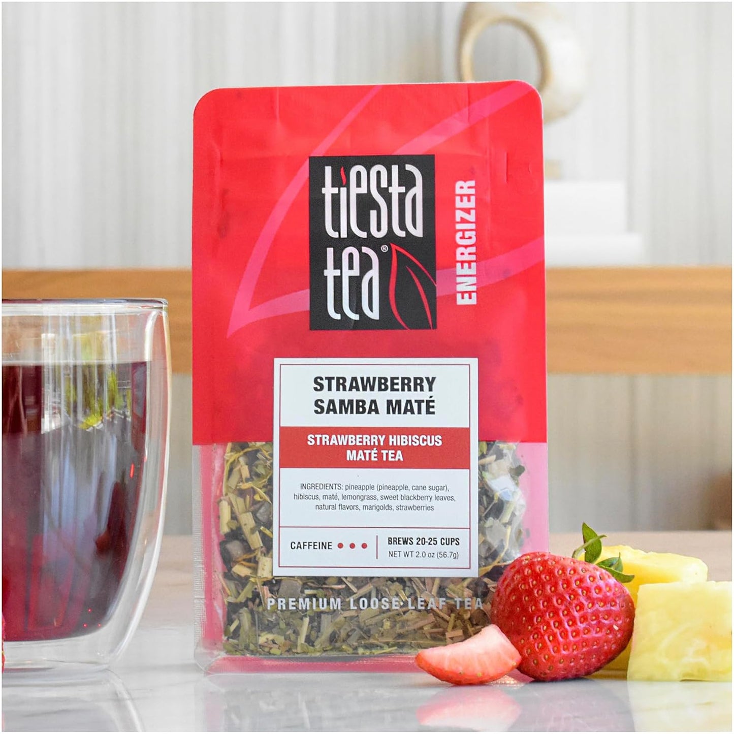 Tiesta Tea - Strawberry Samba Mate, Loose Leaf, Strawberry Hibiscus Mate Tea, High Caffeinated Fruit Blend, Make Hot or Iced Up to 25 Cups, 2 oz Resealable Pouch