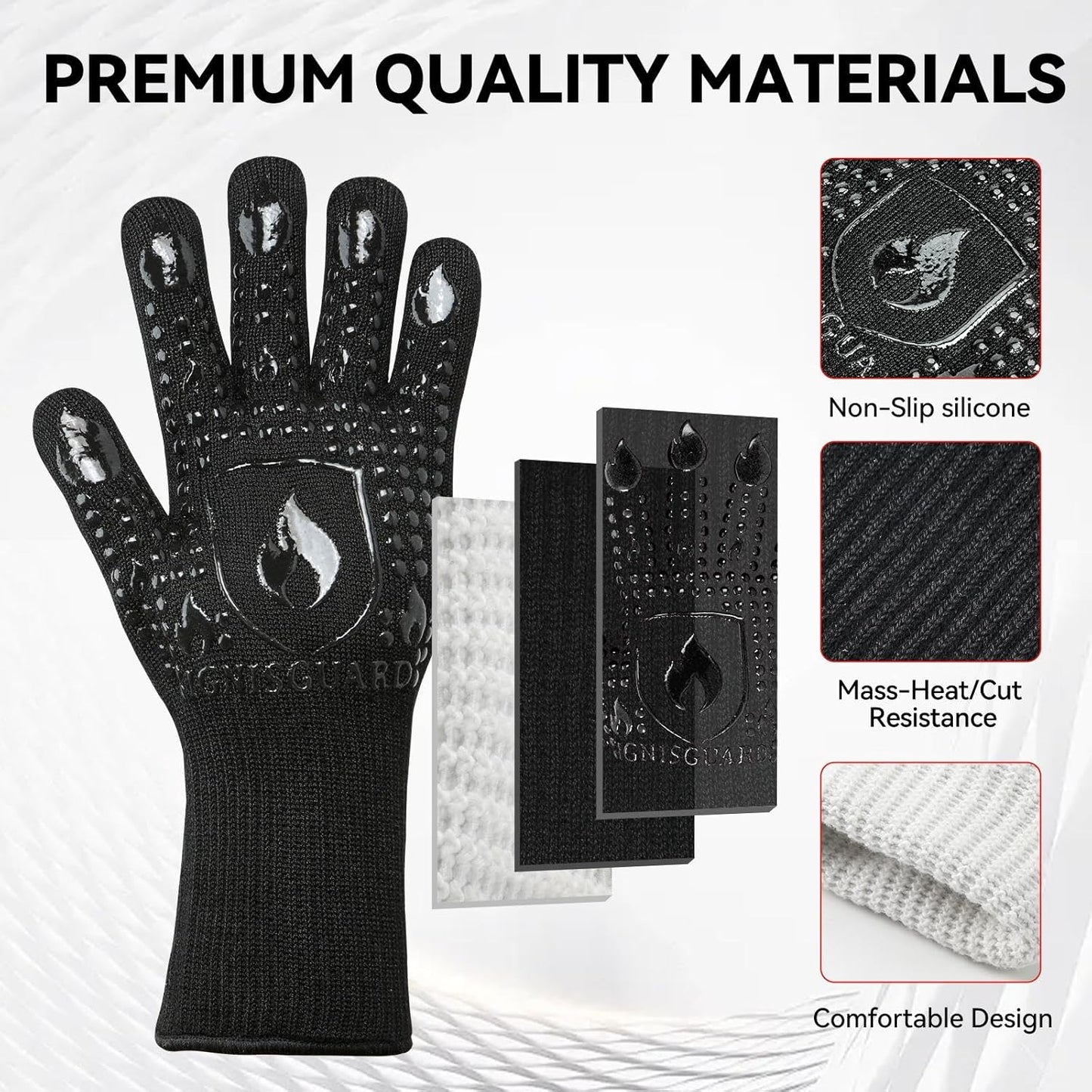 BBQ & Grill Gloves, Oven Gloves, 1472°F Silicone Oven Mitts Heat Resistant Grilling Gloves Fireproof Non-Slip for Barbecue Cooking Baking Smoking, 1-Pair Black（M）