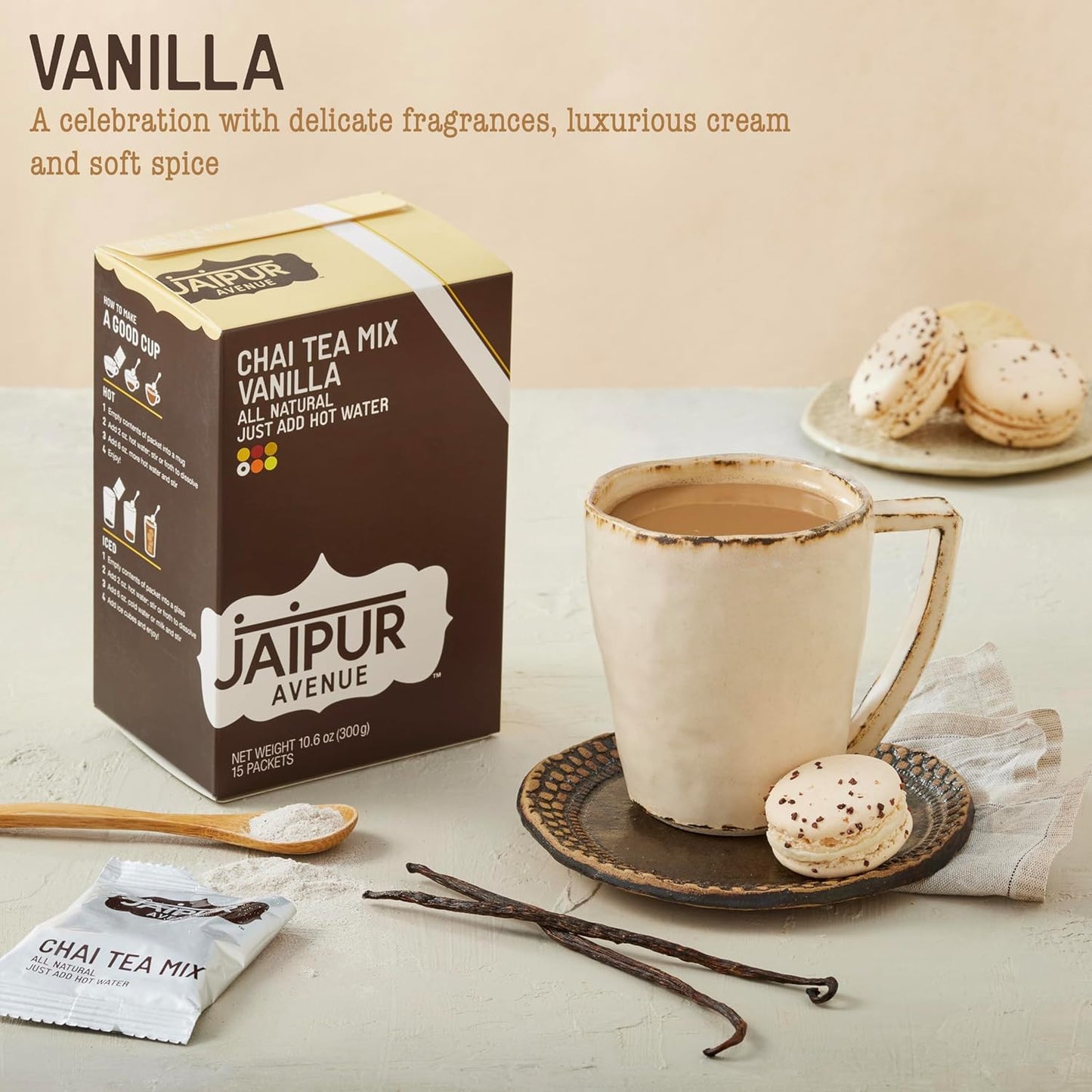 Jaipur Avenue Vanilla Chai Tea Mix Crafted with All-Natural Assam Black Tea, Vanilla, Cane Sugar, and Premium Dry Milk - Preservative-Free, Gluten-Free, Authentic Indian Chai Tea Latte (15 Servings)
