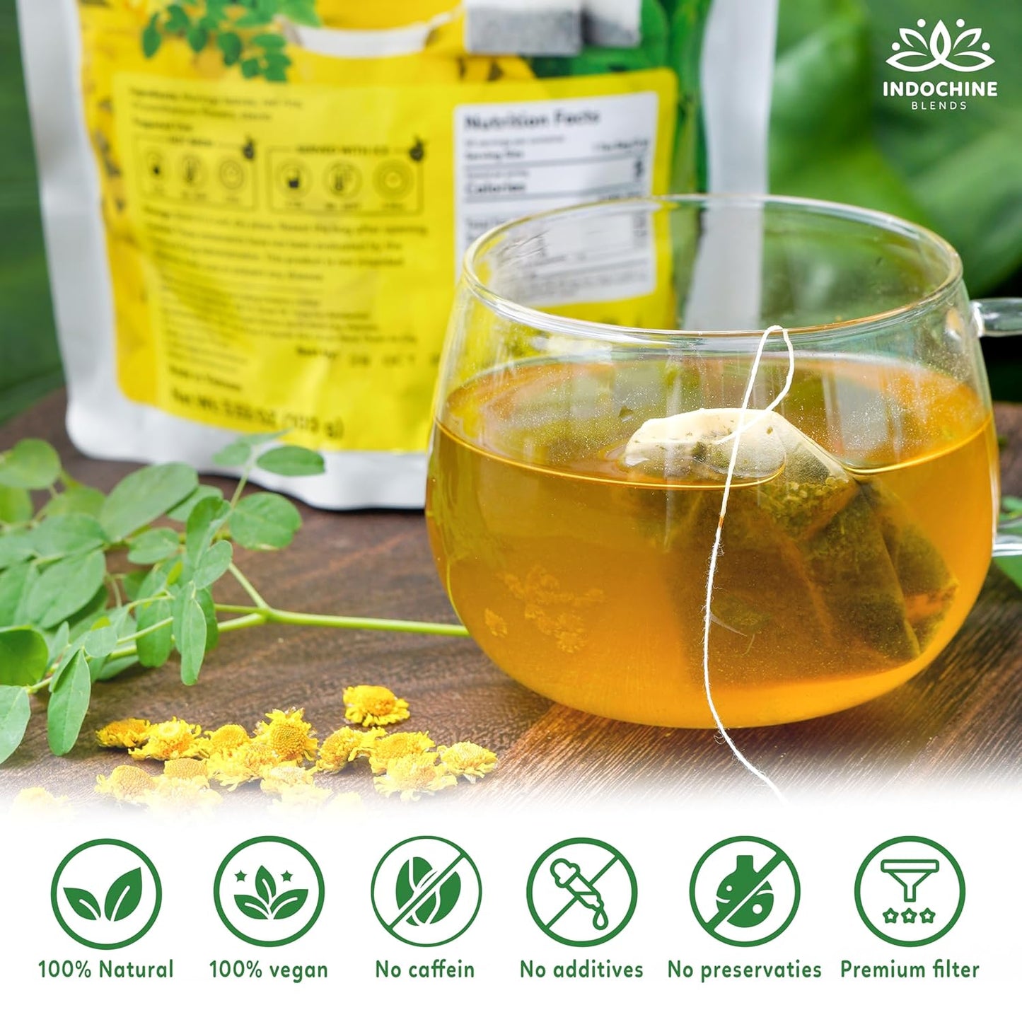 Indochine Blends, 50 Tea Bags, Hibiscus Tea Bags for High Blood Pressure, Herbal Tea Bags, Caffeine-Free, No Sugar, Vegan, Supports Heart Health and Relaxation, Loose Hibiscus Flowers, All Natural Hibiscus Flowers Ingredients (50 Tea Bags, Moringa Tea)