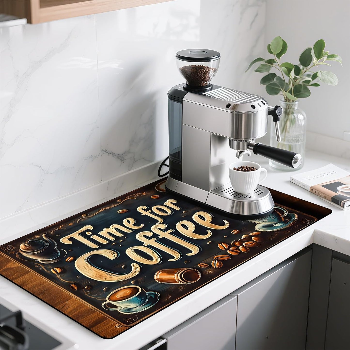 17"x 32" Coffee Bar Mat, Coffee Time Absorbent Dish Drying Mat Cuttable Hide Stain Draining Table Pad for Kitchen Counter, Coffee Bar Accessories