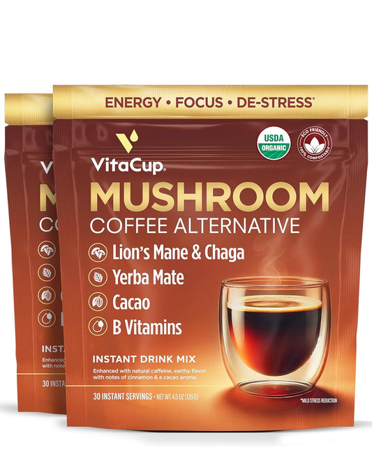 VitaCup Mushroom Coffee Alternative Instant Drink Mix | Mushroom Coffee Substitute for Natural Energy & Focus | Lion’s Mane, Yerba Mate, & Chaga | Cacao, Cinnamon, & B Vitamins | 2 Bags, 60 Servings