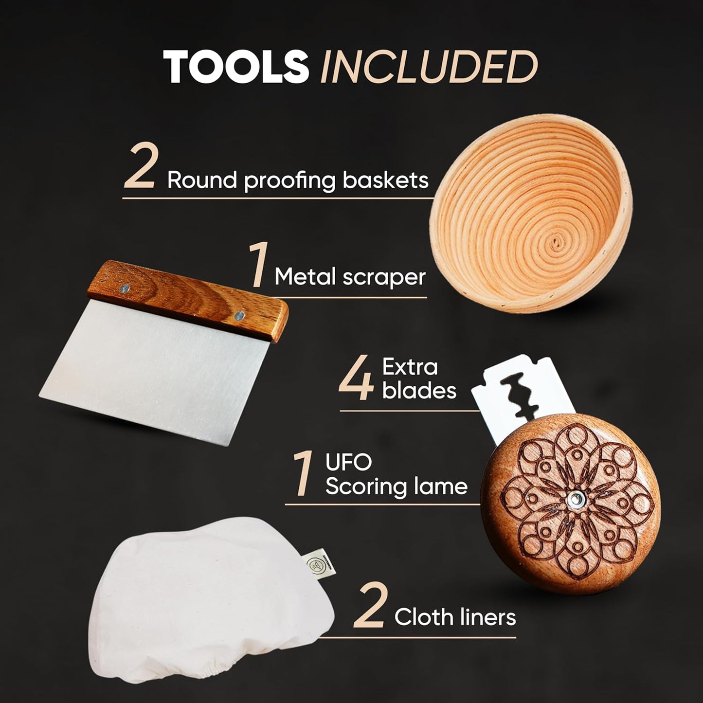 Banneton Proofing Basket Set – 2 Round 9 Inch Unbleached Rattan Baskets with Linen Liners, UFO Bread Lame (4 Blades), Dough Scraper – Sourdough Bread Baking Kit