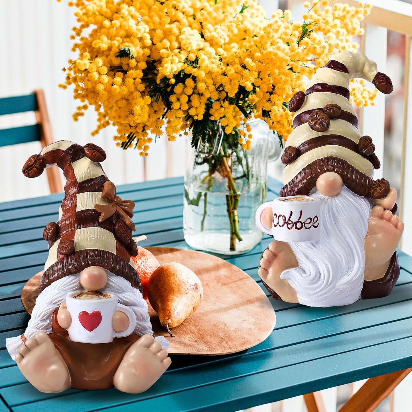 2PCS Coffee Gnomes Figurines Home Christmas Decoration Fall Gnomes Coffee Bar Accessories Decor Elfs Statue Cute Resin Housewarming Gifts for Women Tiered Tray Table Ornament,Sit 4.7H