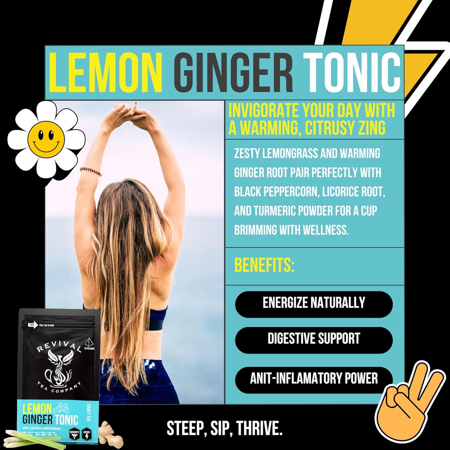 Revival Tea Company Lemon Ginger Tonic - Caffeine Free Herbal Tea Blend with Lemongrass and Ginger - 24 Tea Bags