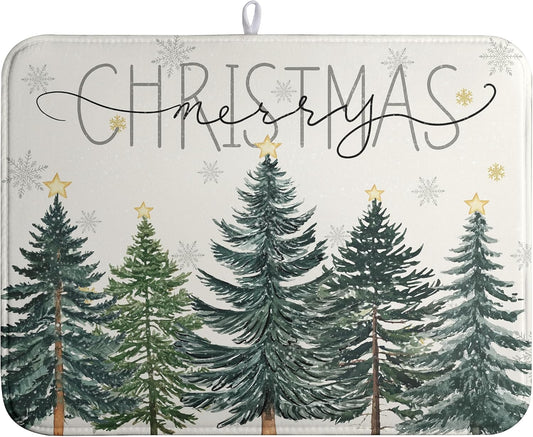 Merry Christma Trees Dish Drying Mat Winter Forest Large Kitchen Mats Dish Drying Pad Xmas Snow Absorbent Dish Dryer Mat for Kitchen Countertops Microfiber Drainer Pad Dish Drying Mats (18x24 in)