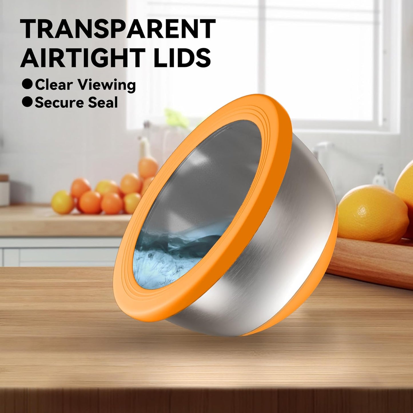 Stainless Steel Mixing Bowls with Lids – Set of 5 Large Nesting Metal Bowls for Kitchen, Baking, Cooking, Food Prep & Storage, Non-Slip Base, Dishwasher Safe,Orange