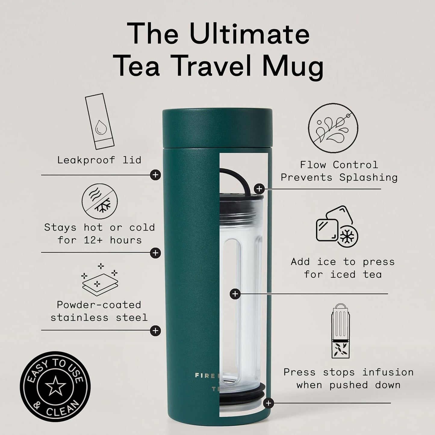 Firebelly Tea, Travel Tea Infuser Mug with Strainer, Insulated Tumbler for Loose Leaf Tea or Coffee, Leakproof Bottle for Hot or Iced Drinks, Stainless Steel Thermos with Lid, Forest