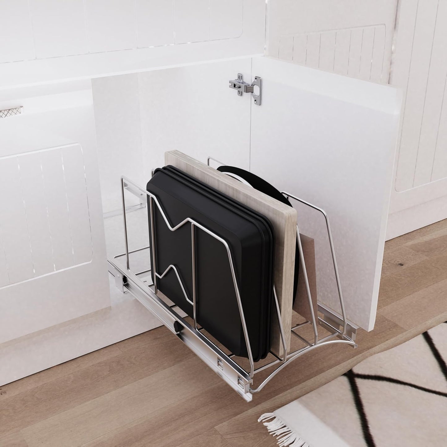 Pull Out Cookie Sheet Organizer for Cabinet, Pan and Pot, Cutting Board, Bakeware, Tray Organizer Rack, Sliding Rack- Heavy Duty, Adjustable Divider Width, 10" W x 22" D x 11" H, Chrome