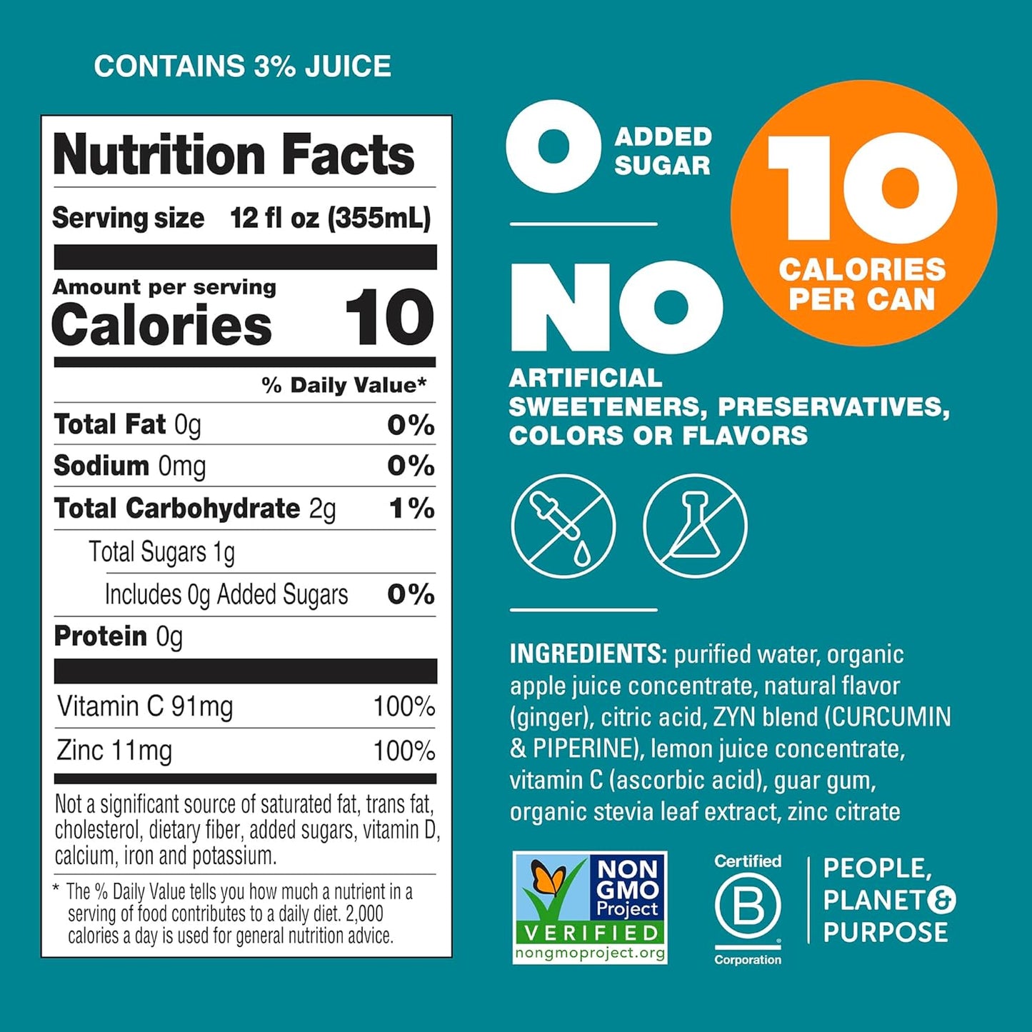 ZYN Turmeric Wellness Drink (6 Pack), Lemon Ginger Flavored Turmeric Curcumin Drink with Black Pepper, No Added Sugar, Low Carb & Low Calorie Drink, Clean Alternative