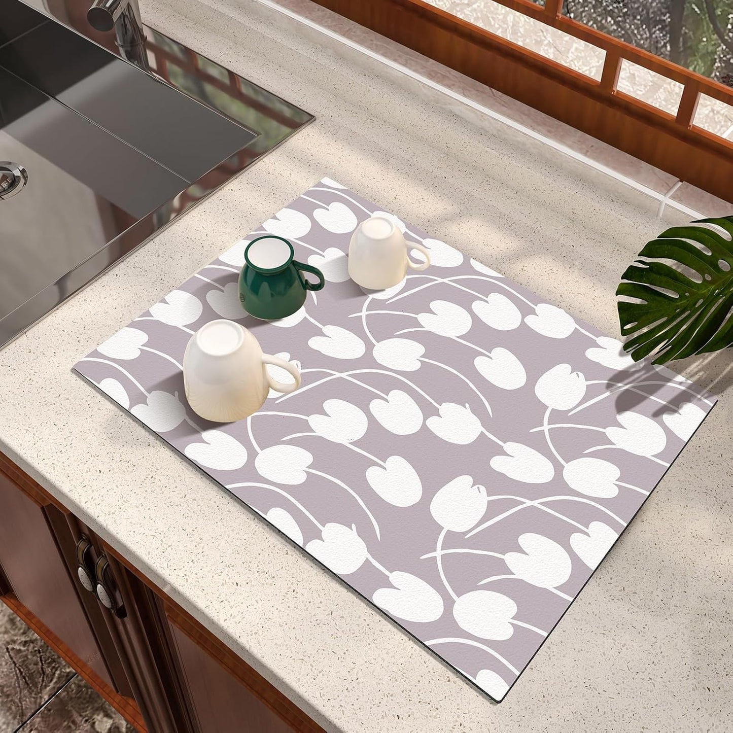 Dish Drying Mat Absorbent Coffee Mat Rubber Backed Soft Silicone Kitchen Counter Mats for Home Kitchen Bathroom Coffee Bar (Tulip, 16 x 24 Inches)