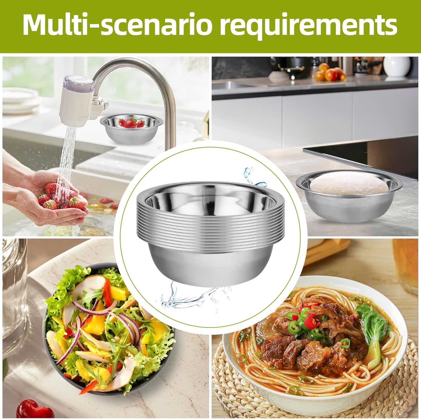 12 Pack 10.24 x 2.76 Inch Stainless Steel Mixing Bowls for Bulk Food Prep with Nesting Design for Hotel Restaurant and Home Kitchen Cooking in Silver