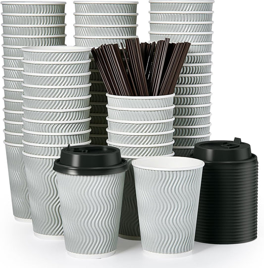 MUCHII 12 oz Disposable Coffee Cups, 100 Count Insulated Ripple To Go Cups With Lids and Straws for Tea, Hot Chocolate, and Drinks