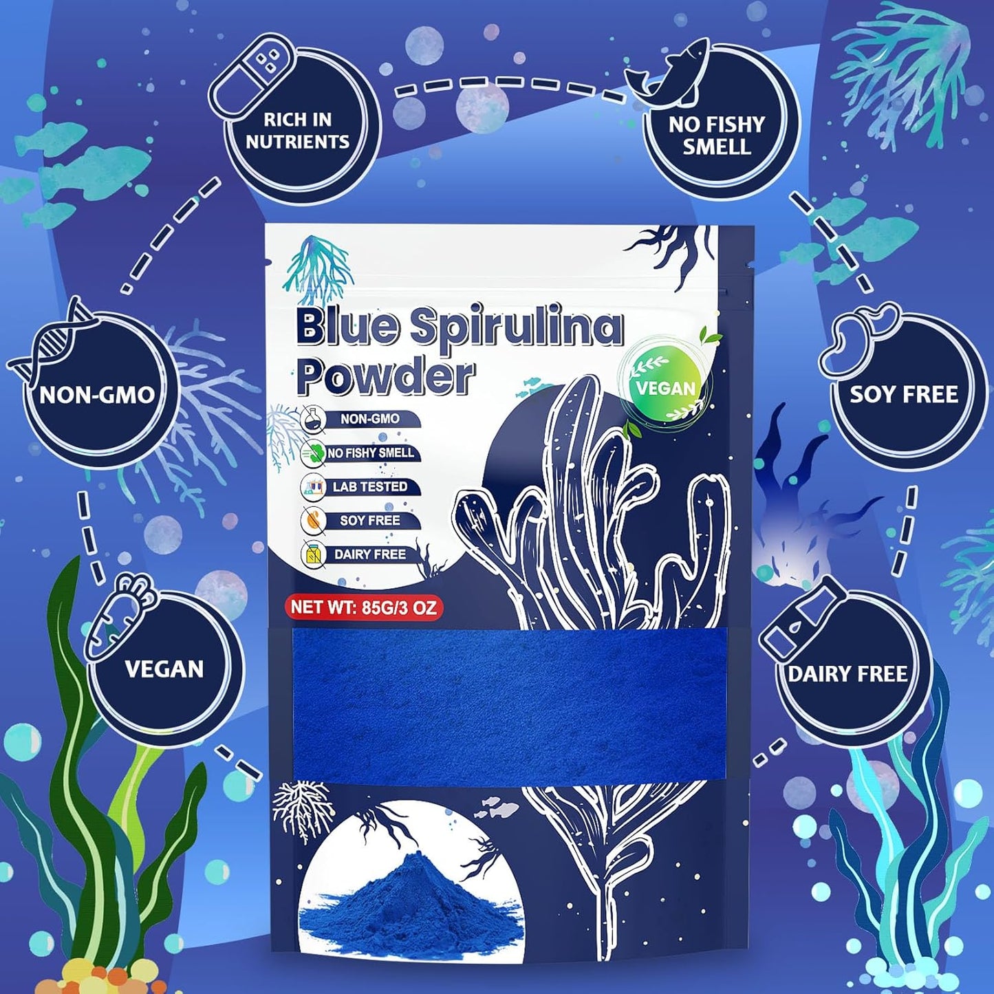 Blue Spirulina Powder - 85g Natural Blue Food Coloring, No Fishy Smell, Food Dye from Spirulina Algae, Plant Based Coloring Powder for Smoothies, Baking, Drinks