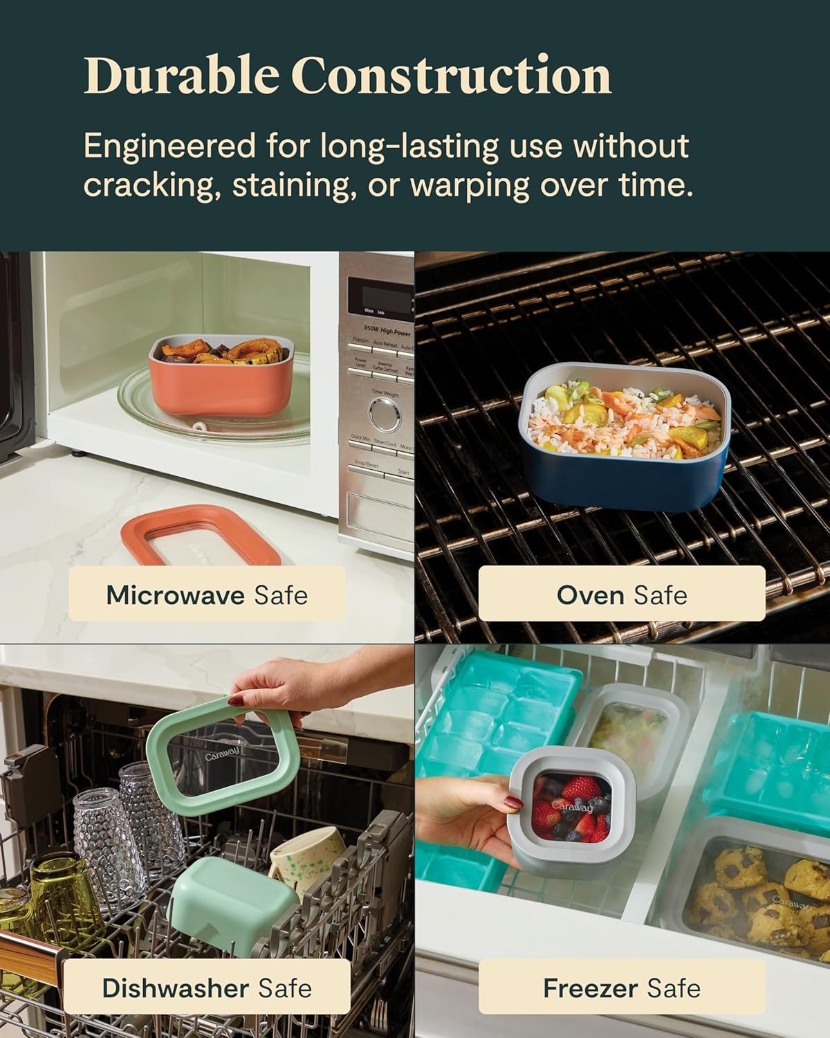 Caraway 6pc Glass Food Storage Set - 2.6 Cup Storage Containers For Food (6) - Non-Toxic Ceramic-Coated Glass - Air Release Technology - Compact & Stackable Design - Navy