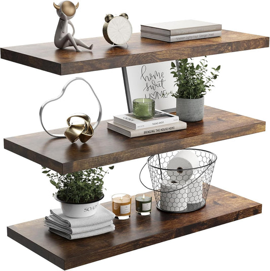 Wall Shelf Set of 3, Rustic Brown Floating Shelves 30 in W x 10 in D x 1 in H, Wooden Floating Wall Shelf with Invisible Brackets for Living Room/Bedroom/Bathroom/Kitchen Storage and Decor