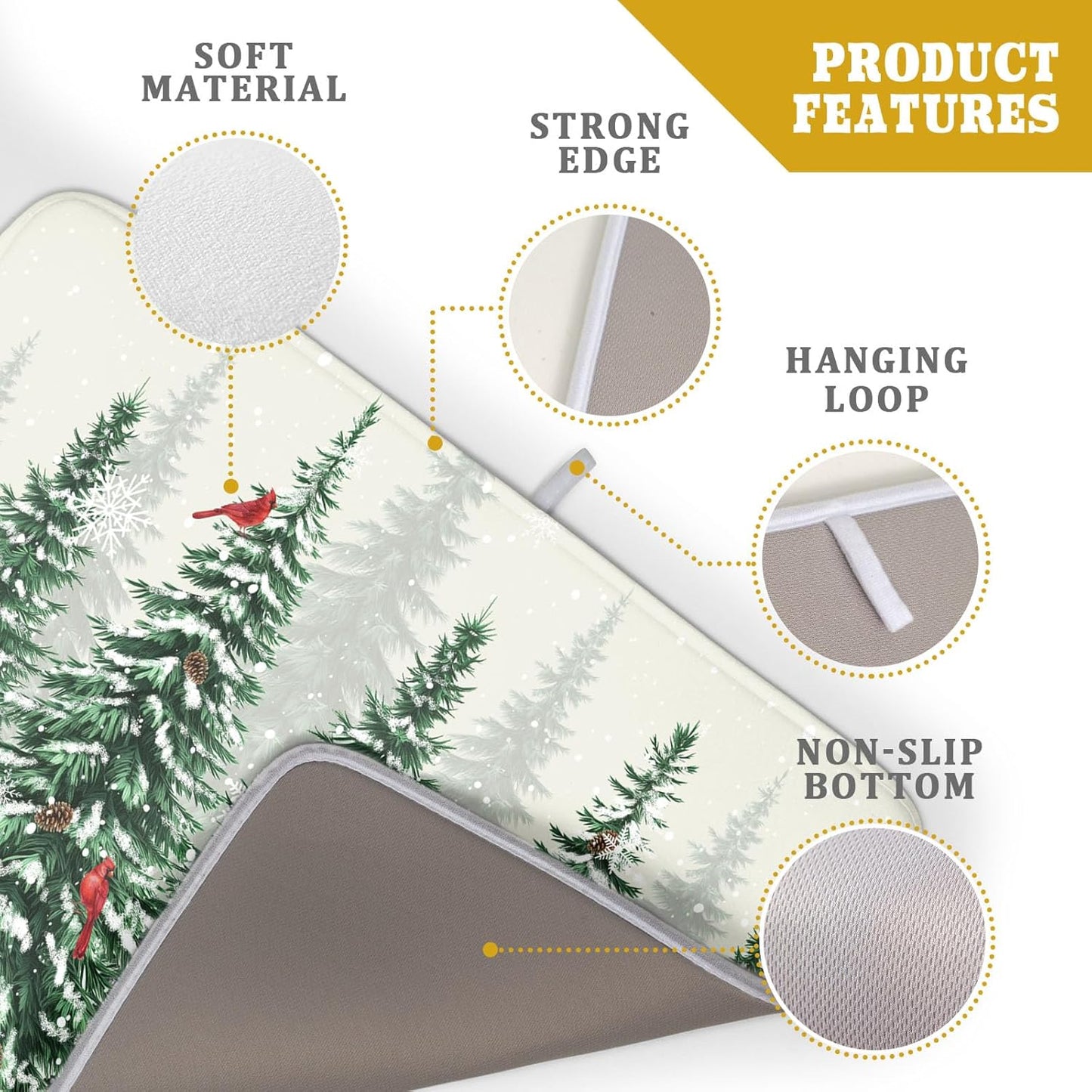 Winter Green Pine Tree Dish Drying Mat for Kitchen Counter,Red Bird Snowflake Drying Mat 18 x 24 Inch with High Absorbent Microfiber Drainer Mat for Coffee Bar