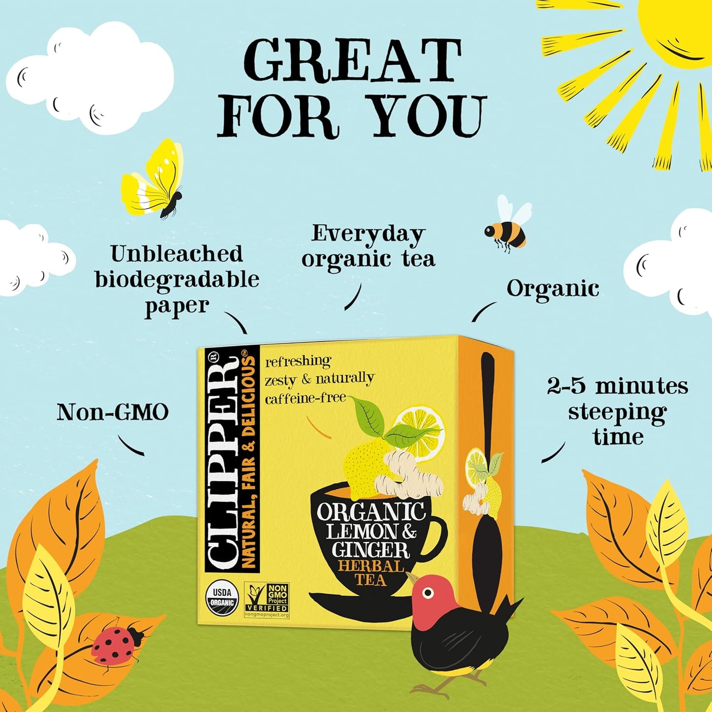 Clipper Tea Lemon & Ginger Teabags – Caffeine Free, USDA Organic, Great Hot or Iced – Aromatic, Natural, Fair & Delicious – 50 Tea Bags