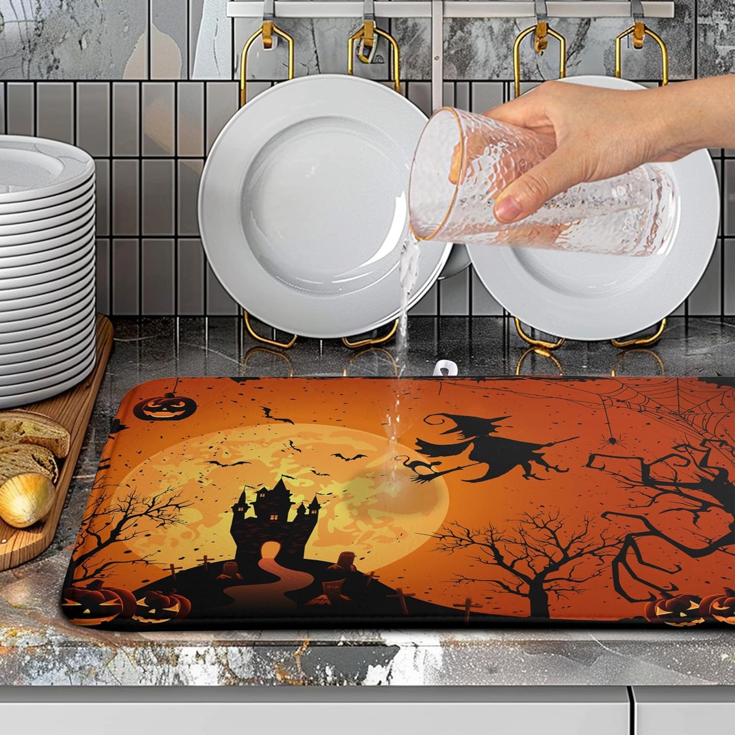Happy Halloween Dish Drying Mat Fall Pumpkin Witch Dishes Draining Mats Spooky Castle Coffee Bar Bats Trick or Treat Dish Drying Pad Self Fast Absorbent Dryer Mat for Kitchen Countertop (18x24 in)