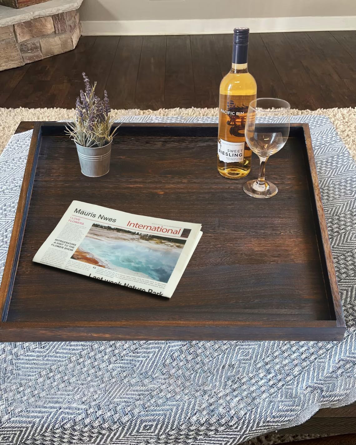 24" Rustic Wooden Serving Tray - Extra Large Square Ottoman Table Tray for Farmhouse Decorative Oversized Coffee Table Trays Living Room Kitchen Counter Breakfast Brown