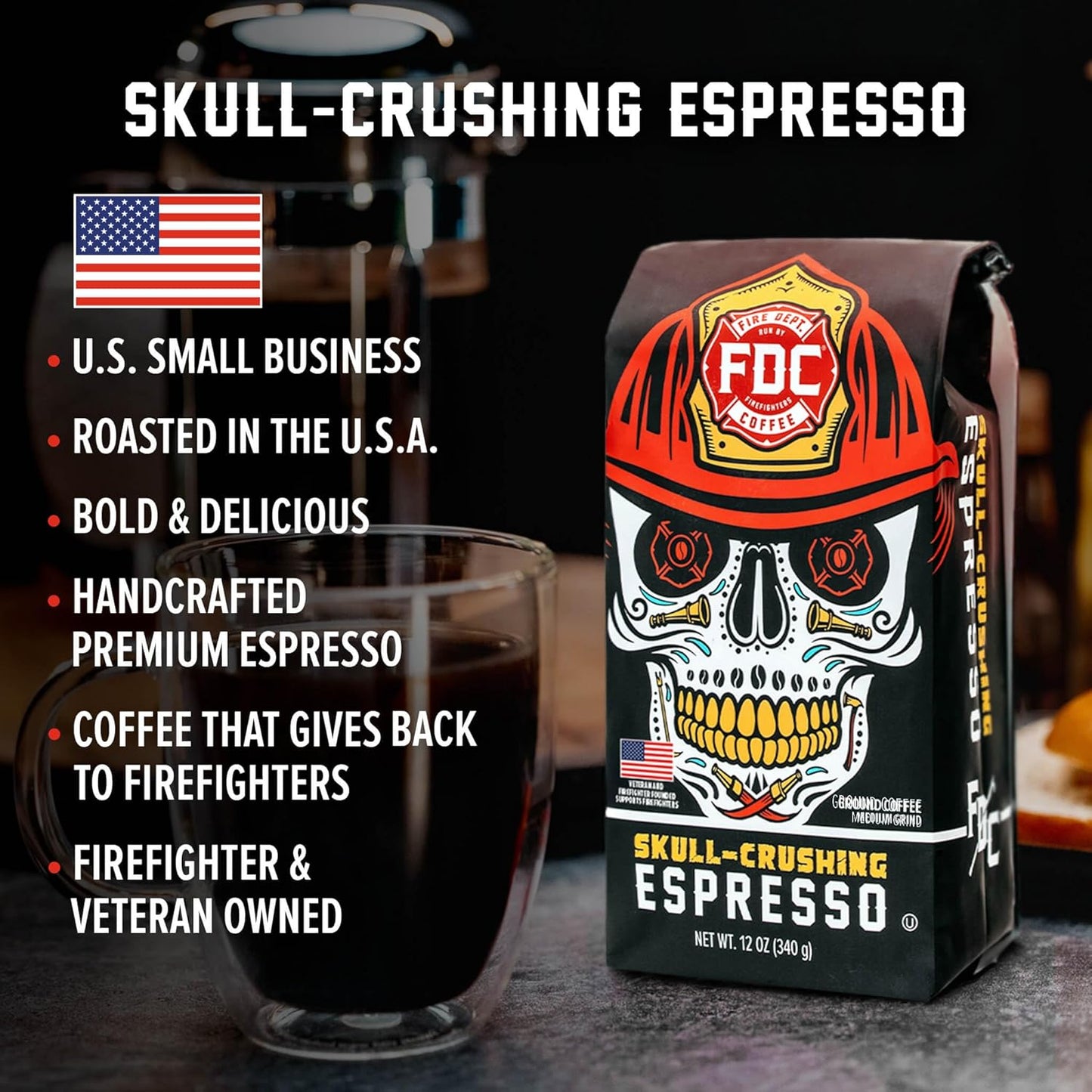 Fire Department Coffee - Gives Back to Firefighters - Skull Crushing Espresso Ground Coffee - Full-Bodied & Bold - Roasted in the USA - Dark Roast Espresso - Veteran Owned (12 oz, Pack of 2)