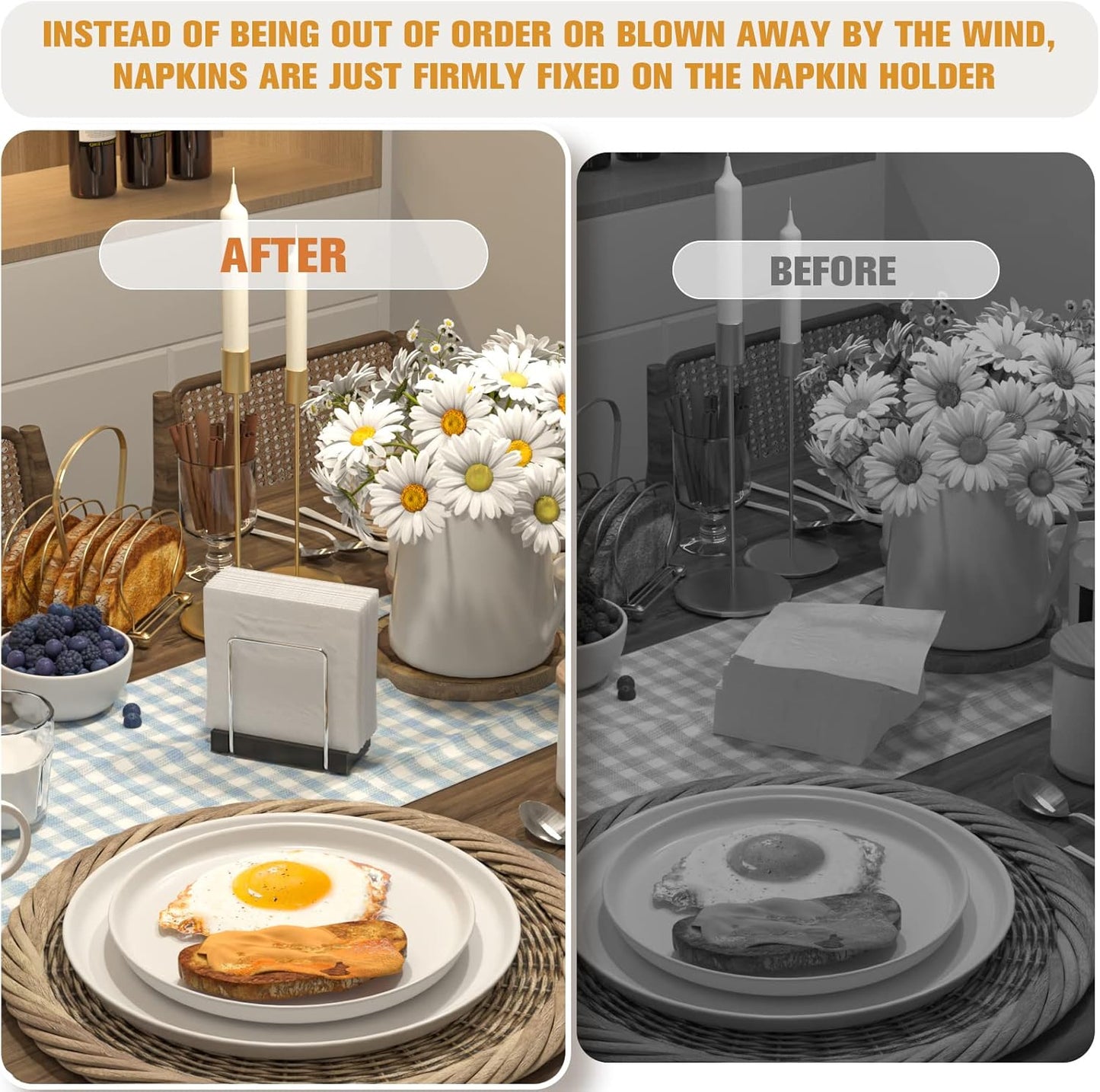 Mail Holder Bamboo Iron Mail Organizer Countertop Napkin Holder for Table Standing Napkin Dispenser for Kitchen Dining Table Farmhouse Cocktail Picnic Rustic File Holder for Desk Silvery & Black