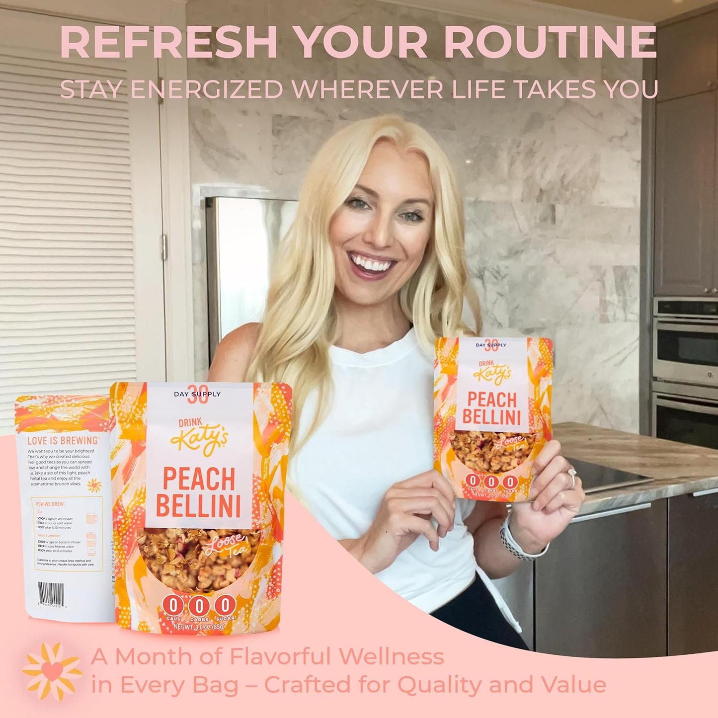 Katy’s Peach Bellini Loose Leaf Tea | Fruity & Refreshing Light White Herbal Tea | Apple, Peach & Mango | Caffeine-Free Tea | 30+ Cups | Hot or Iced | Premium Quality, Woman-Owned | 2.75oz Pouch