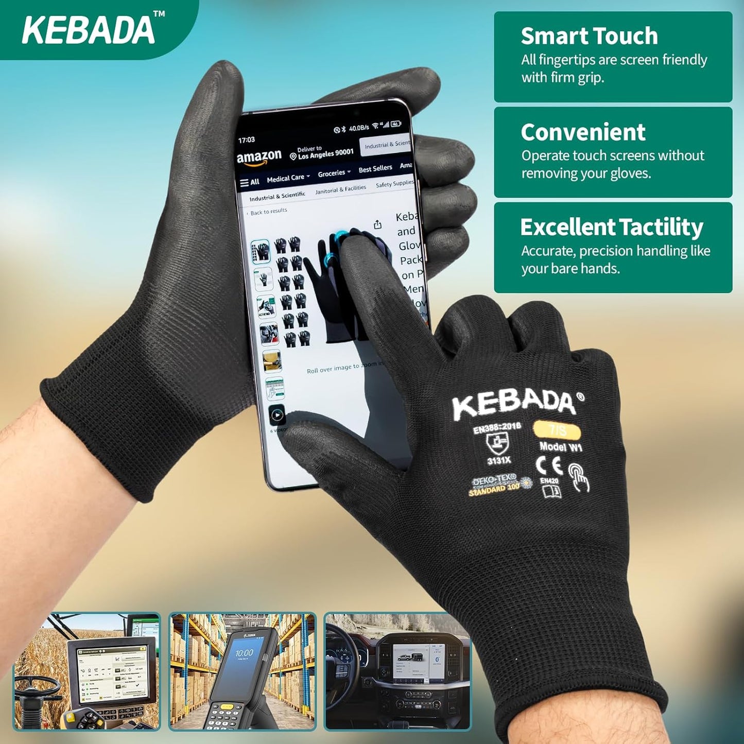 Kebada W1 Safety Work Gloves, PU Coated Touch Screen Work Gloves with Grip, Bulk Pack Working Gloves for Warehouse, Construction, Gardening and Mechanic Use, Black, 50 Pairs, X-Large