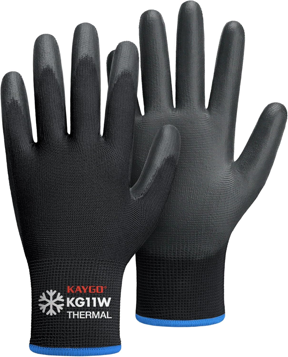 KAYGO Winter Work Gloves for Men and Women, 12 Pairs Thermal Insulated Safety Work Gloves PU Coated, Smooth Grip on Palm & Fingers,Ideal for Freezer Work,Black,M
