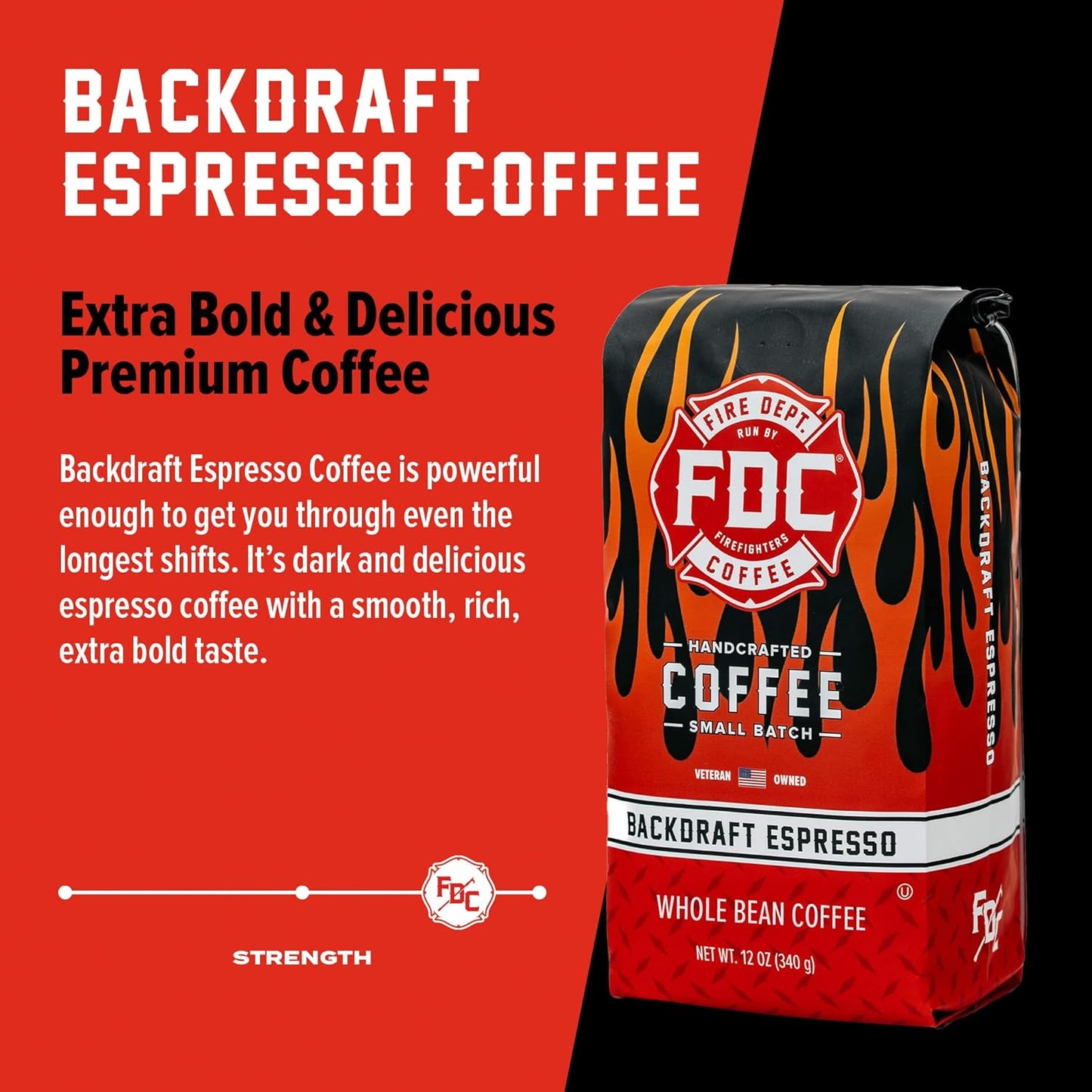 Fire Department Coffee - Gives Back to Firefighters - Backdraft Espresso Coffee Beans - Smooth & Rich - Roasted in the USA - Premium Espresso Beans - Veteran Owned - 12 oz
