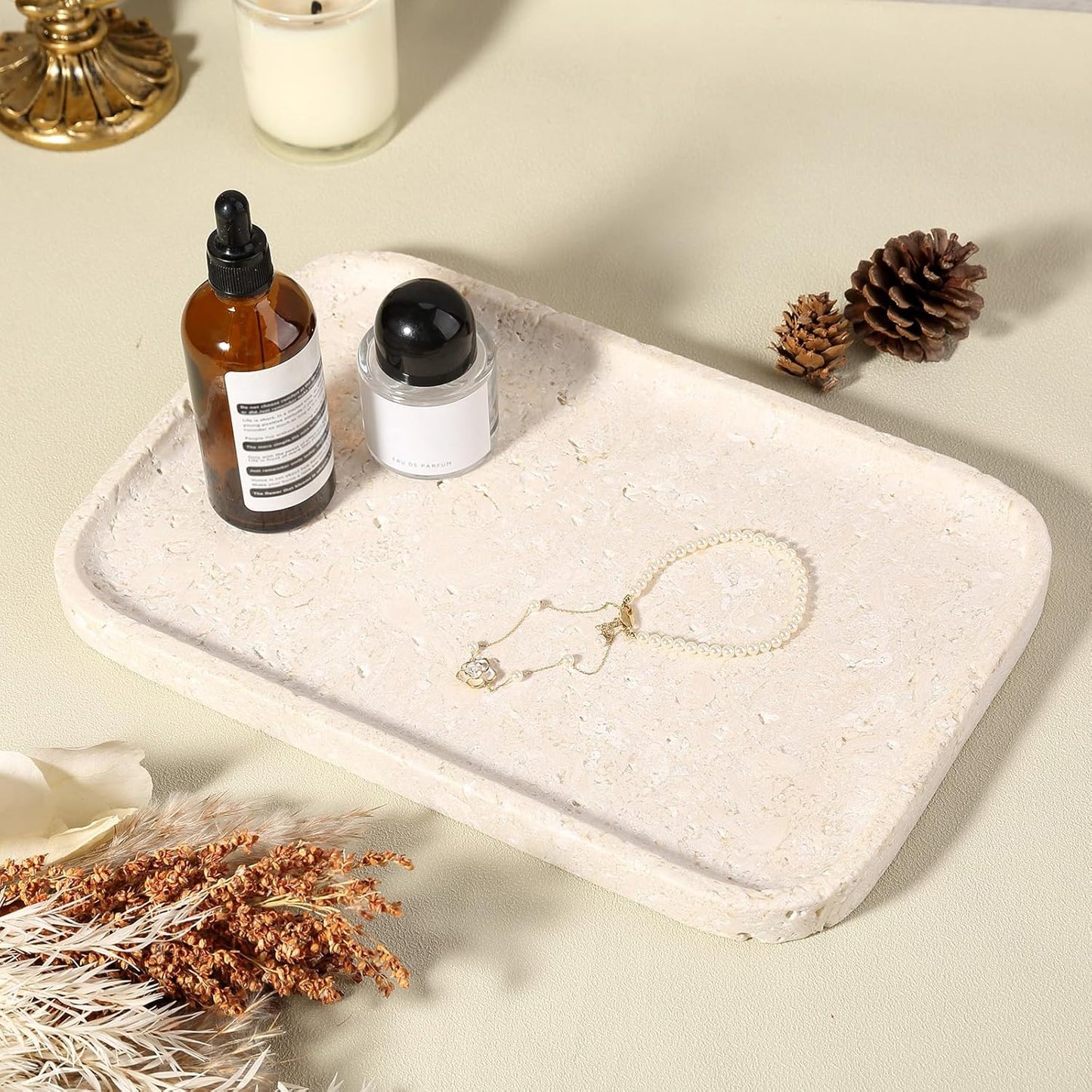 Natural Marble Vanity Tray, 11.8" Marble/Stone Bathroom Tray Countertop, Beige Tray for Decor, Perfume Jewelry Holder, Storage/Organizer for Kitchen Sink