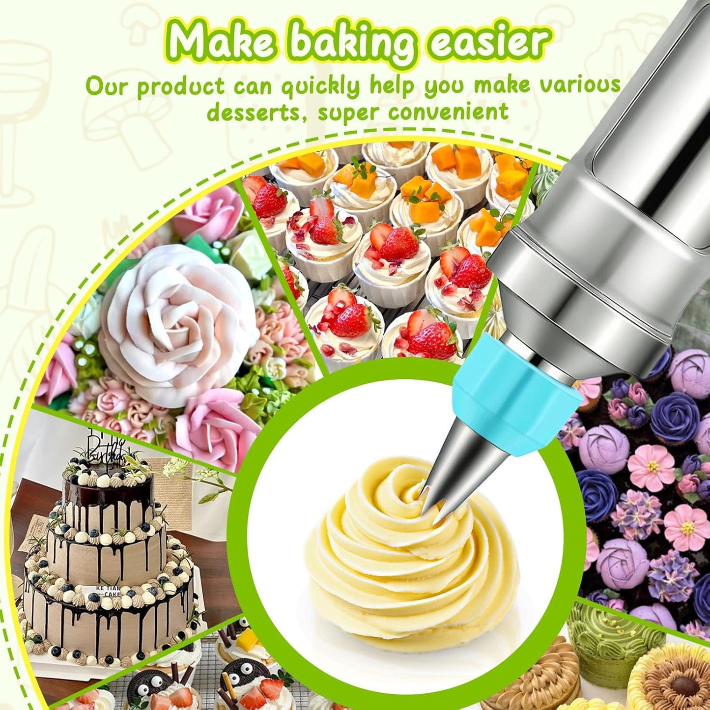 Novano Dessert Decorating Syringe Set, Frosting Piping Kit Stainless Steels Cake Decorating Kit with 6 Piping Tips & 9 silicone cupcakes, Cupcake Decorating Kit Piping Bags and Tips Set