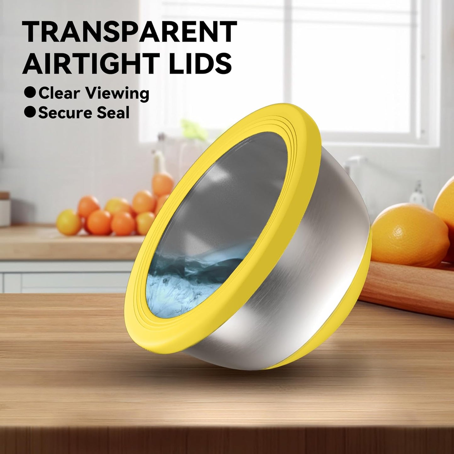 Stainless Steel Mixing Bowls with Lids – Set of 5 Large Nesting Metal Bowls for Kitchen, Baking, Cooking, Food Prep & Storage, Non-Slip Base, Dishwasher Safe,Yellow