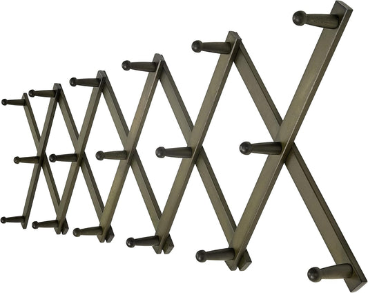 Dseap Accordion Wall Hanger: 16'' High Wooden Wall Expandable Coat Rack,Hat Rack Holder,Accordion Hook for Baseball Caps,Coats,17 Peg Hooks,Dark Walnut