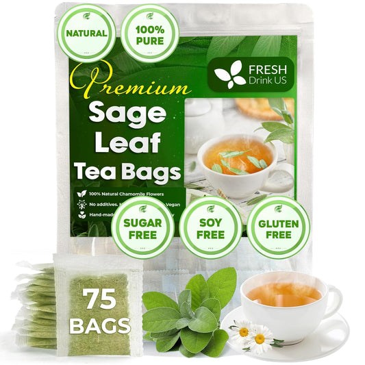 FreshDrinkUS Premium 75 Sage Leaf Tea Bags, 100% Natural & Pure. Loose Leaf Sage Herbal Tea. Made with Natural Material Tea Bags. No Sugar, No Caffeine, No Gluten, Vegan