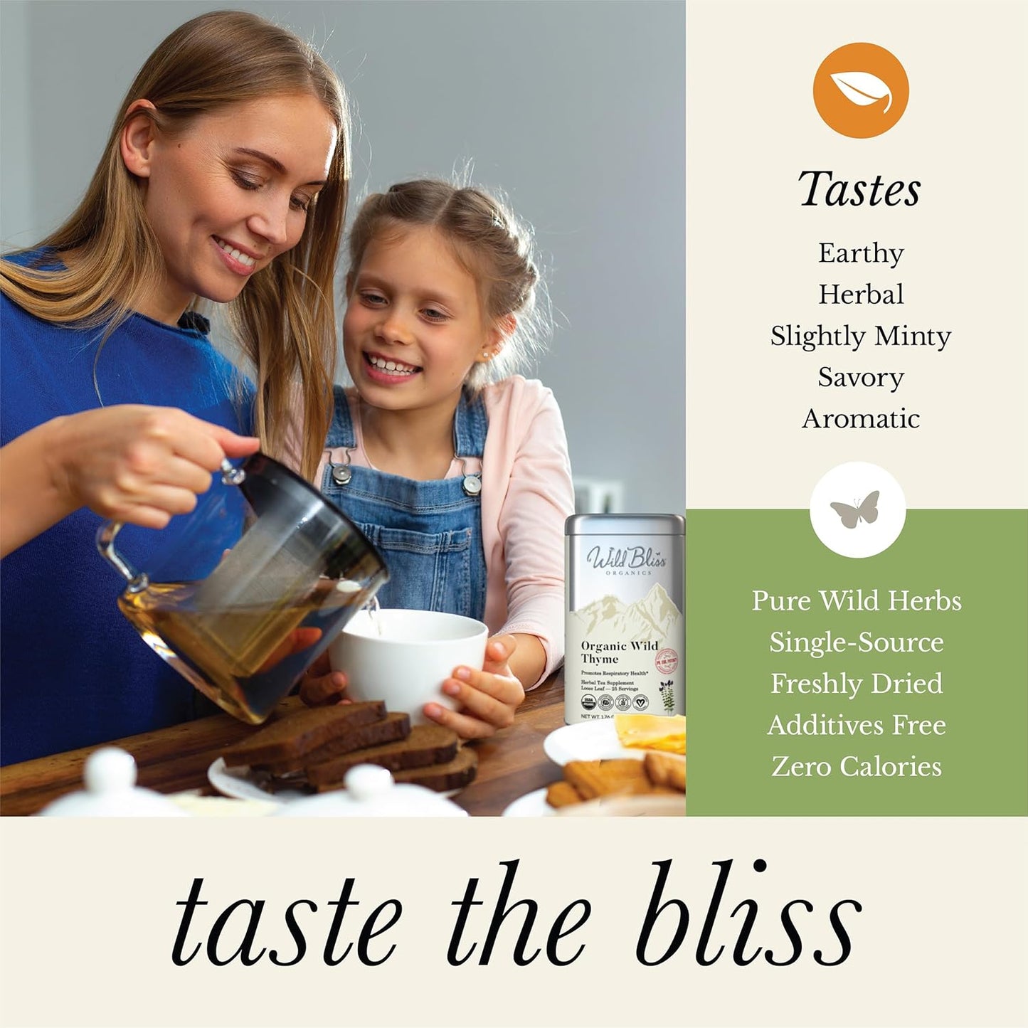 Wild Bliss Organic Wild Breckland Thyme Tea - Caffeine Free Loose Leaf Herbal Tea - Resipratory and Digestion Support - 1.76 Oz - 25 Servings